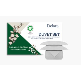 Delara GOTS Certified 100% Organic Cotton Percale Duvet Cover Set 400TC, Smooth & Breathable, Duvet for Hot Sleepers with 8 Internal Ties, (Light Grey, Queen - 3 Piece with 2 Standard Sham)