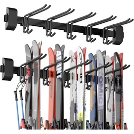 32" Ski & Snowboard Wall Rack – Heavy-Duty Wall Mounted Ski Storage for Garage, Holds 10 Pairs with 5 Adjustable Hooks, 300lbs Capacity, Non-Slip Rubber, Easy Install | Ski Holders for Wall (5)