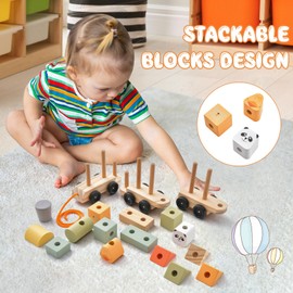 GYMAX Wooden Toy Stacking Train, 3-Section Toddler Train Toys with Stackable Blocks & Animal Pattern, Push and Pull Building Blocks Train for 3 Years Old+ (with 15Pcs Toys, Plastic Wheels & Tow Rope)