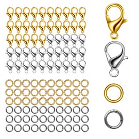 Beauty PLAYER Lobster Claw Clasps Parts, 100 Pieces, 200 Rings 0.2 inch (5 mm) Round Ring, Glasses Chain, Necklace, Bracelet, Anklet, Hardware, Fasteners, Accessories, DIY Material (0.4 inch (10 mm) KC Gold + Stainless Steel)