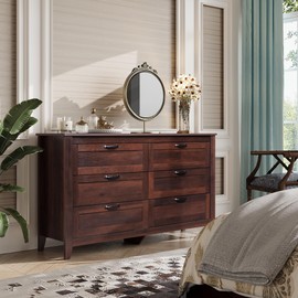 WLIVE Wood Dresser for Bedroom, Double 6 Drawer Dresser with Metal Handle, Large Wooden Chest of Drawers for Living Room, Hallway, Closet, Rustic Brown