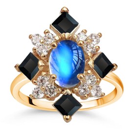 HAIXIAN 14K Yellow Gold Plated Moonstone Cubic Zirconias Ring for Women,Cocktail Party Multi Gem Stone Crystal Turkey Ring Jewelry (Ring_A, 9)