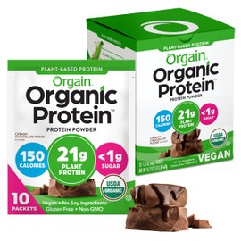 Orgain Organic Vegan Protein Powder, Creamy Chocolate Fudge - 21g Plant Protein, 6g Prebiotic Fiber, Low Carb, No Lactose Ingredients, No Added Sugar, Non-GMO, For Shakes & Smoothies, 10 Travel Packs