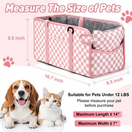 Console Dog Car Seat - Portable Dogs Armrest Booster Seat for Small Dog, Foldable Pet Car Seat with Safety Belt, Pink Checkered