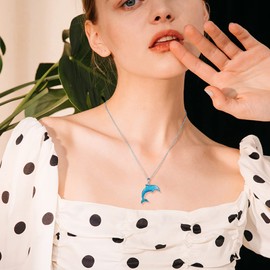 POPLYKE Blue Gradient Filigree Dolphin Pendant Charm Necklace Sterling Silver Fish Sea Life Dolphin Fine Jewellery