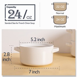 DELLING 6 Pack Soup Bowls with Handles, 24 Oz Large Serving Soup Bowl Set, Ceramic Soup Crocks for French Onion Soup, Cereal, Chilli, Stew, Microwave and Oven Safe, White