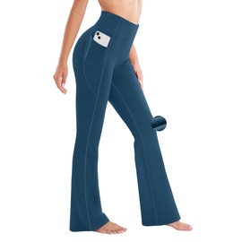 Ewedoos Fleece Lined Pants Women Thermal Yoga Pants with Pockets High Waist Warm Pants Winter Flare Leggings for Women Teal Blue