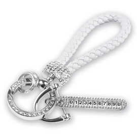 Worcas Car Keychain With Bling Rhinestones,eather Woven Keychain with anti loss telephone number plate for all Cars, White(rhinestones-silver Buckle), 5.1x3.5Inch