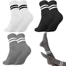 YIMINI 3 Pairs of Women Non-Slip Socks Adult Non-Slip Grip Yoga Socks Stopper Socks Women Adult Non-Slip Socks with Nubs for Yoga, Pilates, Fitness Training, Black / White / Grey