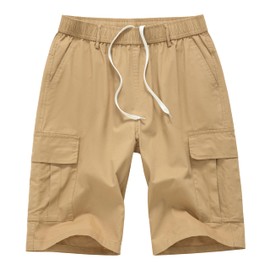 Vcansion Men's Cargo Shorts Drawstring Casual Cotton Relaxed Fit Multi-Pockets Elastic Waist Camo Shorts Khaki US 38