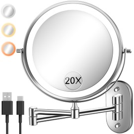 Wall Mounted Makeup Mirror with Light, 20X/1X 8'' Double Sided LED Magnifying Bathroom Lighted Vanity Mirror with Magnification, 3 Color Light up Touch Dimmable Extended Arm 360 Rotation