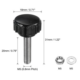 sourcing map 4 Sets Knurled Knobs Thumb Screws with Nuts Washers, Metric M5 x 20mm Male Thread 18mm Plastic Head, 304 Stainless Steel Stud Hand Knobs Clamping Thumbscrews Handles, Black