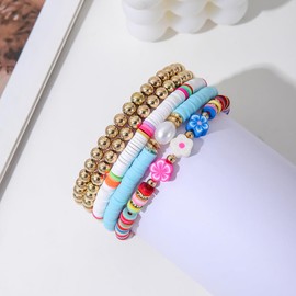 COLORFUL BLING Heishi Surfer Beaded Stretch Bracelets Set for Women Layered Stackable Clay Beads Flowers Bracelets Friendship Boho Summer Beach Hawaiian Jewelry-gold beads