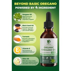 Organic Oregano Oil Drops 80% Carvacrol - Oil of Oregano with Black Seed Oil, Turmeric & Vitamin E - Immune, Respiratory, Digestive Support - Vegan, Sugar-Free, Non-GMO-4 Month Supply, 1 Fl Oz