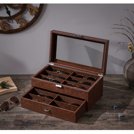BEWISHOME Sunglasses Organizer, 12 Slots Sunglasses Case for Women Men, Eyeglasses Eyewear Display Case with Clear Glass Top, Faux Leather,Brown SSH48Z