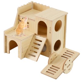 Wooden Hamster Hideout Cage Accessories, Guinea Pig House and Seesaw, Double-Decker Hide Hut with Slide, YITOBA Hamster Chew Toys for Pet Rats, Hamster Platform for Dwarf Gerbils (Two-Story)