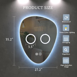 HOMEMORE LED Bathroom Mirror 3 Colors and Dimmable Light and 3X & 5X Magnification Anti-Fog Lighted Bathroom Mirror 35.2×27.2 Inch Backlit Mirror Bathroom