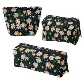 MUNSKT 3-Piece Daisy Print Cosmetic Bag Set for Women, 1 Rectangular Brush Organizer & 2 Size Square Pouches, for Makeup Pouch, Travel, Storage & Gift (Black)