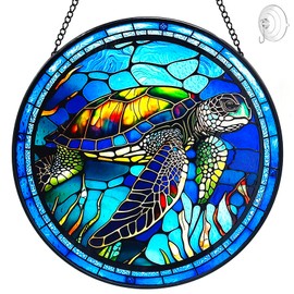 Turtle Stained Glass Suncatcher Beach Home Decor - Handcrafted Sea Turtle Sun Catcher for Windows Hangings with Hooks - Stain Glass House Garden Decor Hanging - Brithday Gifts for Women Grandma Gift