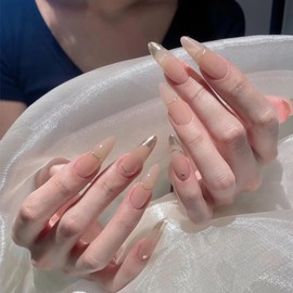 BABALAL Gold Press on Nails Long Stiletto Fake Nails Chrome Glue ons Nails French Tip Acrylic Nails 24Pcs Almond False Nails Manicure Bling Stick on Gel Nails