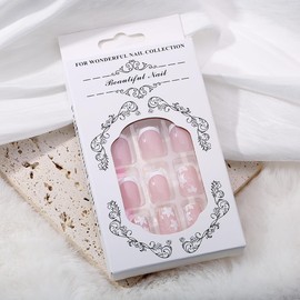 KTAABTR French Tip Press on Nails Spring Flower Design Fake Nails with Glue Medium Square Acrylic Nails for Women Nude Glossy False Nails Stick on Nails 24Pcs Artificial Nails Decoration Set