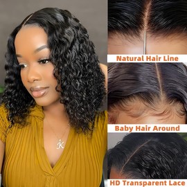 Glueless Wigs Human Hair Pre Plucked Pre Cut, Short Curly Deep Wave Lace Front Wigs Human Hair, 180% Density Wear and Go Glueless Bob Wig Human Hair for Women 16 Inch Natural Black