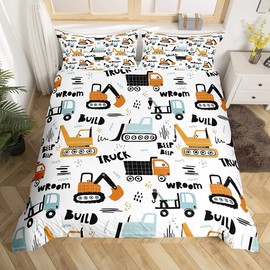 Kids Cartoon Excavator Bedding Set Boys Vehicles Truck Car Comforter Cover Child Cute Building Equipment Duvet Cover Toddler Funny Construction Transport Bedspread Cover Colorful Room Decor Twin Size