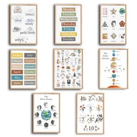 Set of 8 Educational Posters,Alphabet ABC poster,Montessori classroom Decor,Educational Printables,Learning Print set,Home School Printables,Weather, calendar, week.poster(No Frame , 20x30cm-8pcs)
