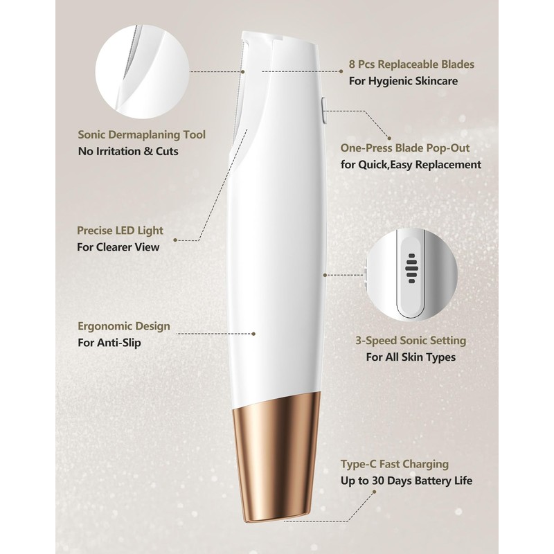 Sonic Dermaplane Razor for Women Face: Dermaplaning Tool with 8