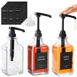 BPFY 3 Pack 16.9oz (500ml) Glass Coffee Syrup Dispenser with Pump, Syrup Pump Dispenser for Coffee Bar, Coffee Syrup Bottles with Labels