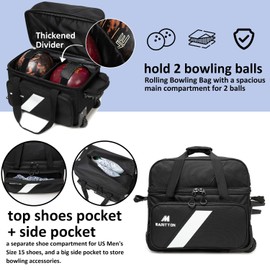 MARITTON Bowling Bag with Wheels Double Roller 2 Ball Bowling Separate Shoe Compartment and Oversized Accessory Pocket, 36.6" Extendable Handle. (BLK)