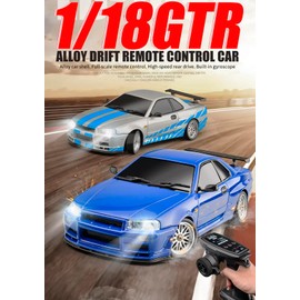 FLYCOLOR LD1899 1/18 RC Drift Car GTR R34 2.4GHz RWD with Gyroscope on-Road Alloy Body Shell Racing Cars Radio Control (Blue Grey)
