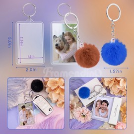 Framendino, 12 Sets Acrylic Picture Frame Keychain Kits Including Blank Rectangle 2 x 3 Inches and Colors Fluffy Poms for DIY Making Suppiles
