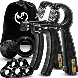 Hand Grip Strengthener Workout Kit (5 Pack), 2 Forearm Grip Adjustable Resistance Hand Gripper, Finger Stretcher, Grip Ring &   Grip Ball for Athletes - Color: Crimson