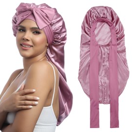 AWAYTR AWAYTR Long Satin Bonnet for Women - Double Layer Elastic Silk Bonnet for Braids Hair Sleeping Cap with Tie Band (Rose Gold)