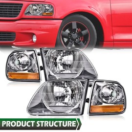 Headlight & Parking Lights Compatible with Ford F150 1997-2003 /Fit Ford F250 97-99 /Fit Ford Expedition 97-02 Clear Lens Chrome Housing Amber Reflector
