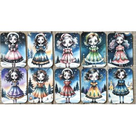 Whimsical Christmas girls card toppers set of 10 Christmas junk journal cards