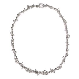 Punk Barbed Wire Thorns Chunky Brambles Metal Link Chain Adjustable Necklace Safety Spur Duty Padlock Flame Necklace Cool Hiphop Rock Choker Jewelry for Women Men-Silver