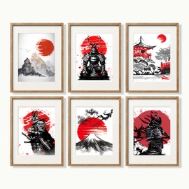 YUMKNOW Decoración de pared de arte japonés, sin marco, juego de 6, 11 x 14 pulgadas, decoración oriental asiática moderna minimalista para sala de estar, póster de guerreros de armadura samurái para recámara, regalo de oficina de arte rojo y blanco japo