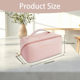 Large Capacity Cosmetic Bag, Portable Travel Makeup Bag, Makeup Organiser Toiletry Bag, Waterproof PU Leather Wash Bag with Handle and Compartments for Women Girls (Pink)