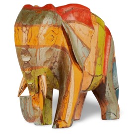 Hand Carved and Painted Wooden Elephant in a Rustic Style