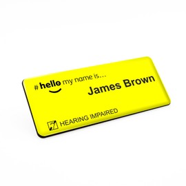 Badgemaster Hearing Impaired Black Hello My Name is Yellow Domed Badge with Name Job Title Dementia Friendly Contrasting Text 76 x 32mm Yellow Black Material
