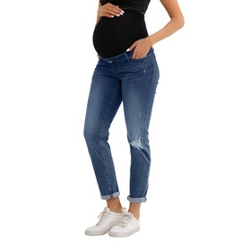 Leovqn Women's Maternity Boyfriend Jeans Over Belly Stretch Ripped Pregnancy Denim Pants with Pockets Sea Blue