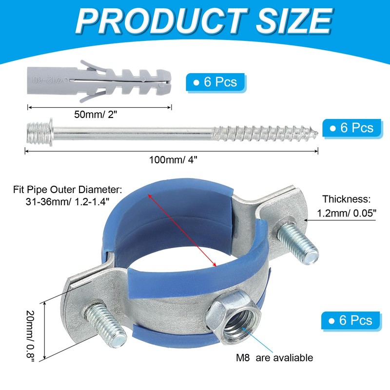 PATIKIL 1.2"-1.4"/31-36mm Split Ring Pipe Hanger, 6 Pcs Heavy Duty