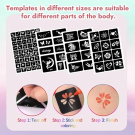 Tattoo Pens Children, 10 Colours Tattoo Pens, Skin-friendly, Glitter Tattoo Pen Set with 4 Stencils, 4 Glitter Stones Face for the Skin, Boys, Girls, Adults, Birthday Party, Gift
