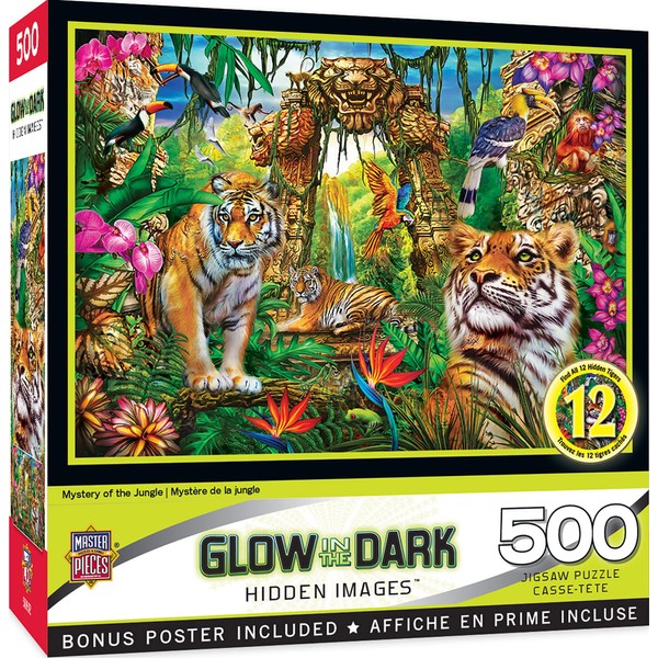 Masterpieces 500 Piece Glow in The Dark Jigsaw Puzzle for Adults, Family, Or Kids - Mystery of The Jungle - 15"x21"