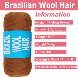 COOKOO 2 Roll Golden Brown Brazilian Wool Hair Yarn for Senegalese Twist Box Braids Faux Locs Jumbo Braids African Hair Braiding Twist Wraps Synthetic Hair Extensions 70G/Roll(Golden Brown#)