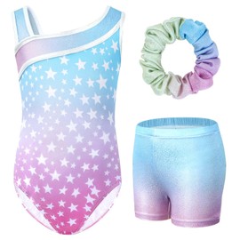 Gogokids Girls' Three-Piece Gymnastics Set, Sleeveless Leotards with Shorts and Hairband, Sparkling Ballet Dancing Unitards - Gymnastics Outfit with Gradient Color Design for 3-4 Years