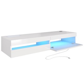 ANTISTA Floating TV Stand | 47'' Long Wall Mounted TV Shelf with Power Outlet, Modern Wooden Entertainment Center Media Console with Storage, High Gloss Large TV Cabinet, Up to 55 Inch TVS