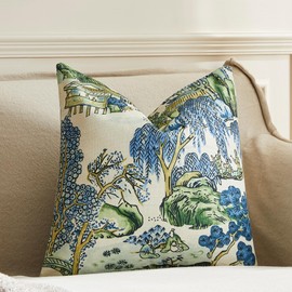 BLESFEST Pack of 2, Chinoiserie Pillow Cover 20 x 20 Inch Asian Scenic Blue and Green Throw Pillow Covers Linen Farmhouse Tree Pillow Case Cushion Covers for Sofa Couch Living Room